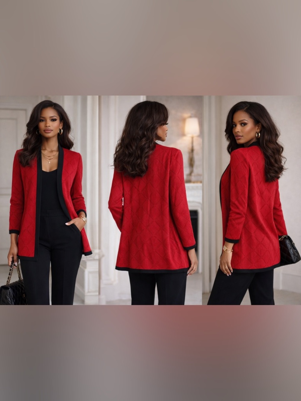Ming Wang Red Women's Longline Jacket with Black Trim